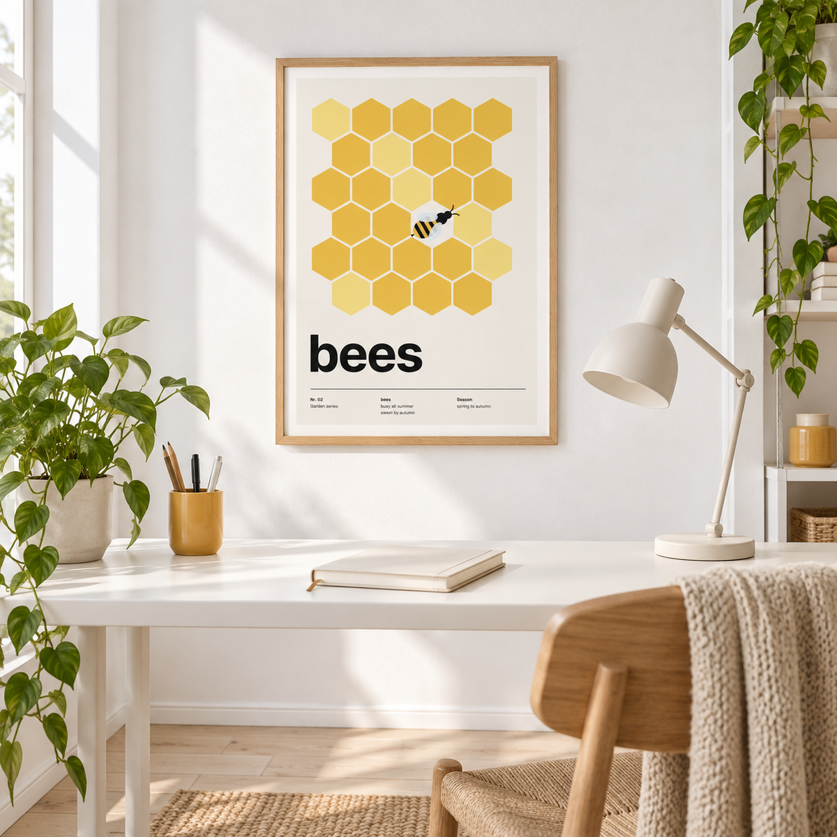 Swiss style honeycomb print above a desk in a quiet study