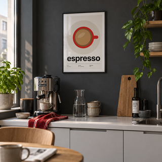 Swiss style espresso typography print in a kitchenette against a charcoal wall