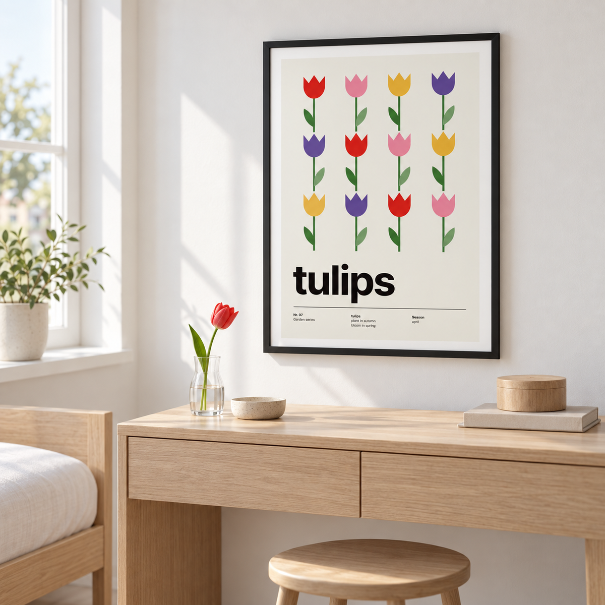 Swiss style tulip grid print on the wall of a calm bedroom