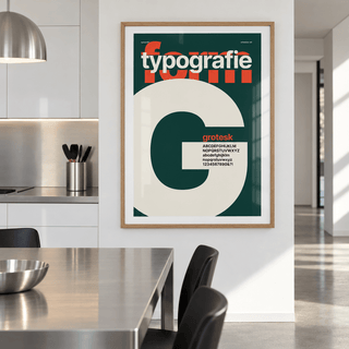 Swiss style type specimen print on the wall of a kitchen diner