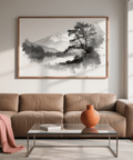 Calming Black and White Print featuring tree and mountain, suitable for study, gray and white shades