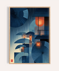 Layered umbrella wall art poster with rain lines and lantern glow