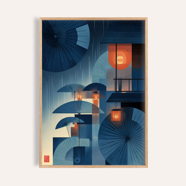 Layered umbrella wall art poster with rain lines and lantern glow