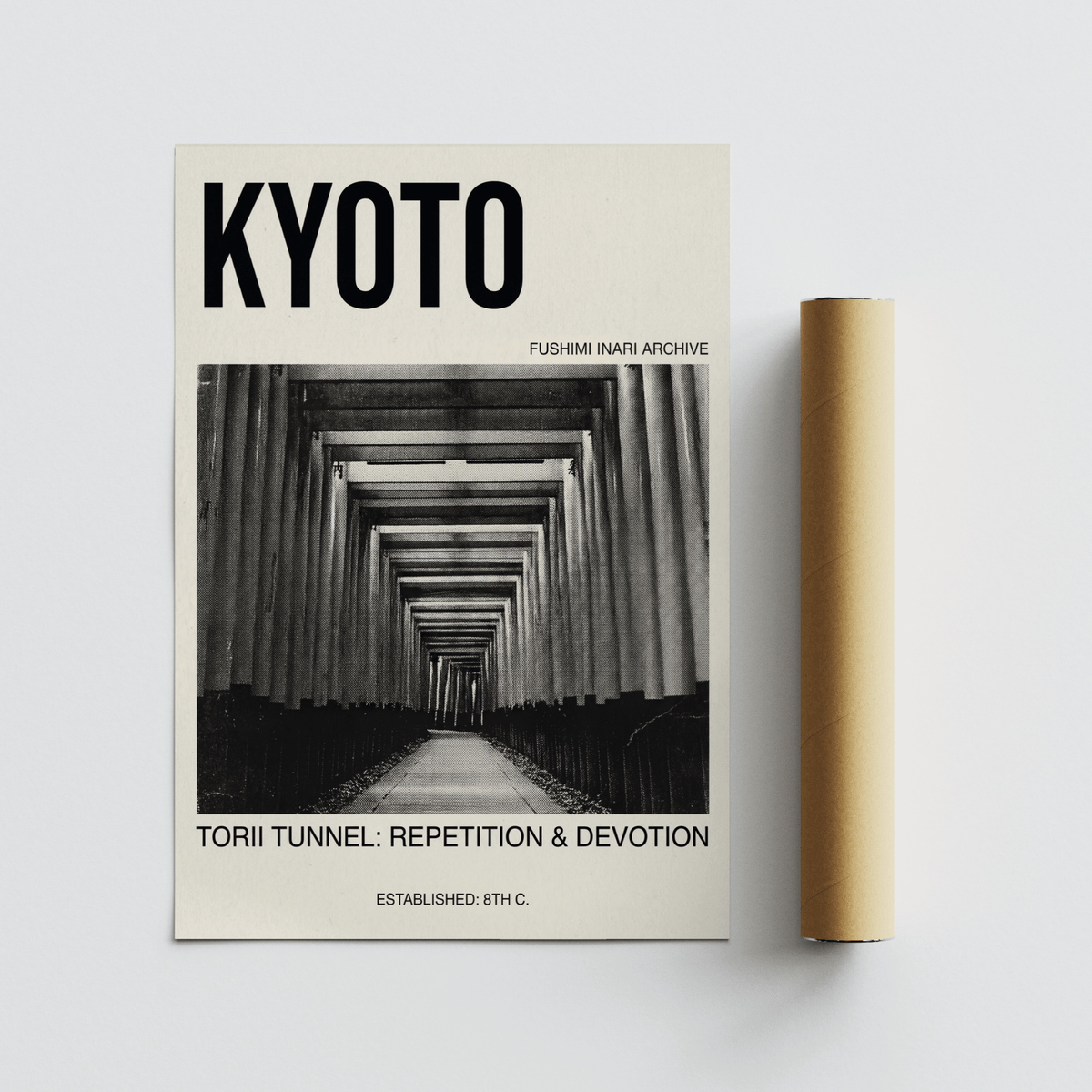 Editorial travel wall art print showing torii gate corridor at Fushimi Inari