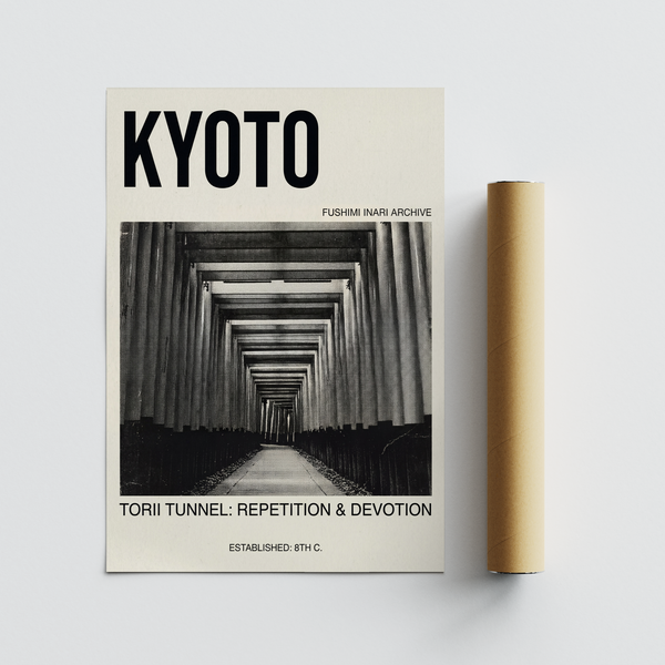 Editorial travel wall art print showing torii gate corridor at Fushimi Inari