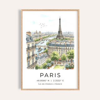 Framed Paris Cityscape Art Print showing Eiffel Tower and city buildings in watercolour style