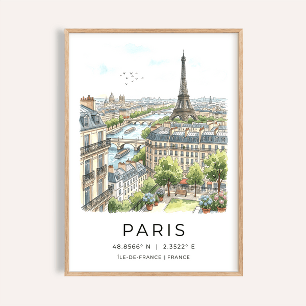 Overview of Paris Cityscape Art Print poster with Eiffel Tower, Seine bridges, and rooftop skyline