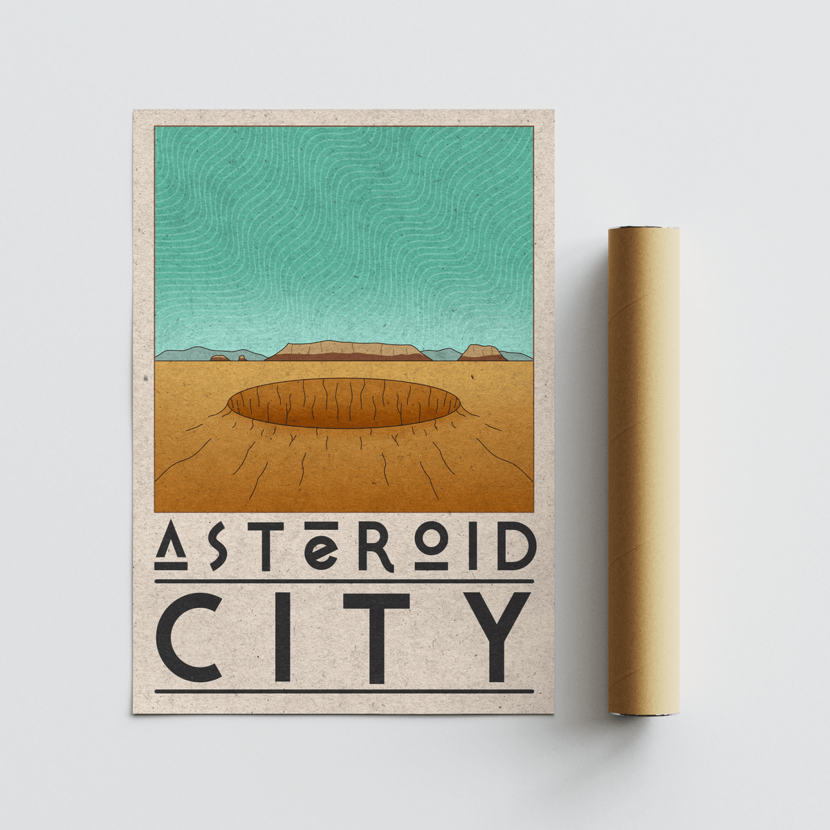 Vintage poster-style wall art print with central oval crater and textured background