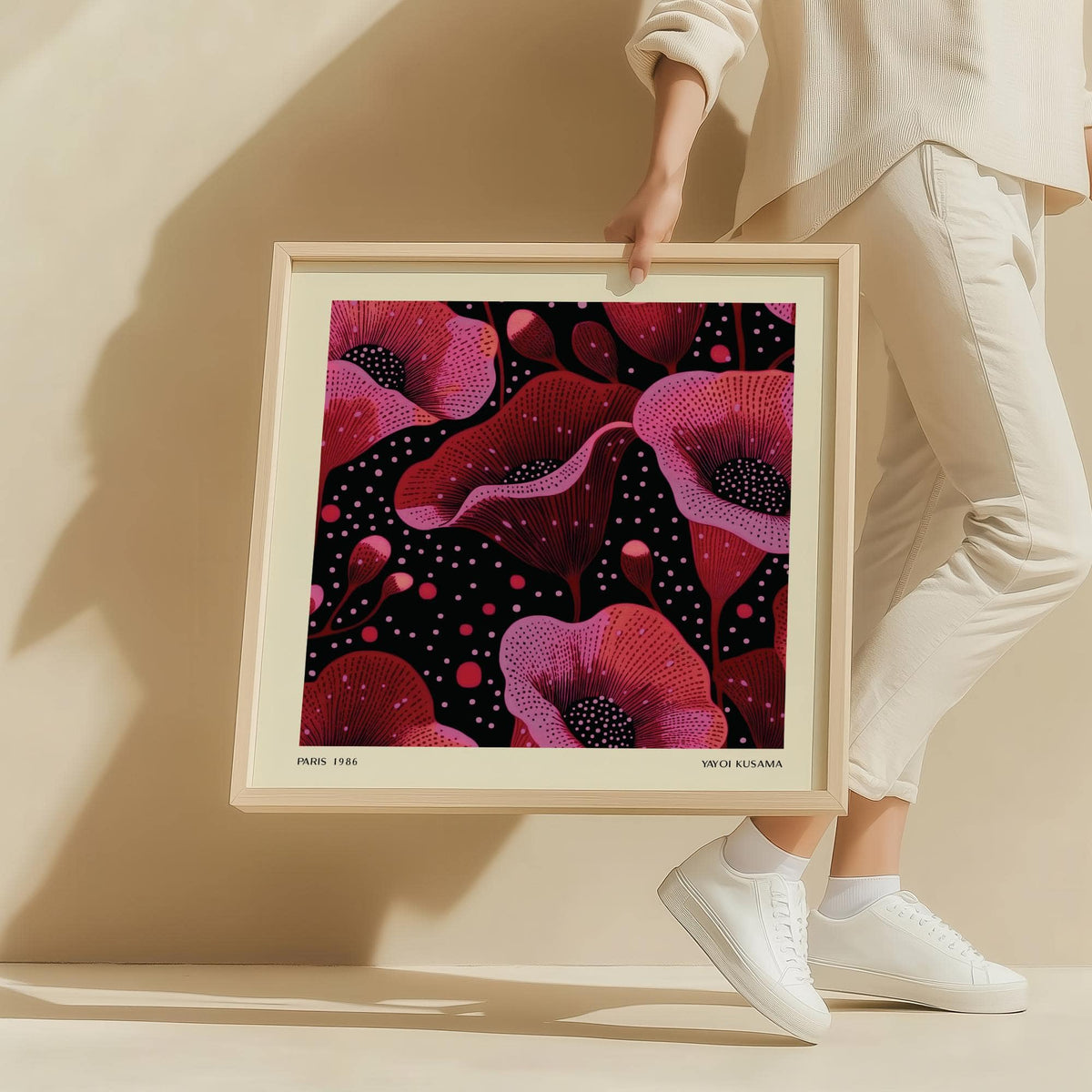 Bedroom styled with modern abstract pink art floral wall print