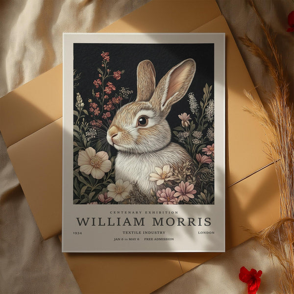William Morris–inspired vintage rabbit art with a soft brown and white bunny in a floral setting.