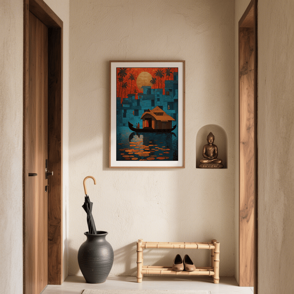 Landscape poster print with palm silhouettes, a glowing sun shape, and patterned architecture