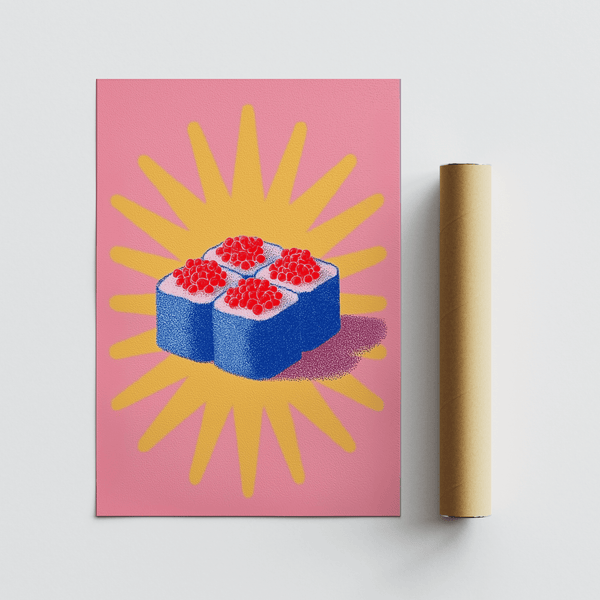 Art print Sushi Poster, Blue, Yellow, Pink, suits cafe decor