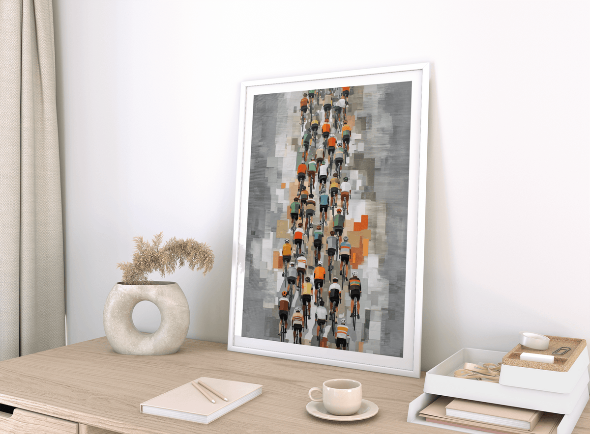 Room setting with Bicycle Racing Poster above minimalist desk