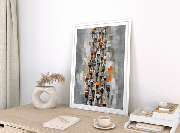 Room setting with Bicycle Racing Poster above minimalist desk