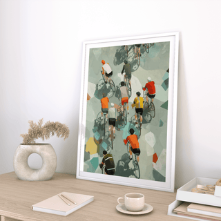 Graphic sports wall art poster featuring riders in motion and repeating wheels