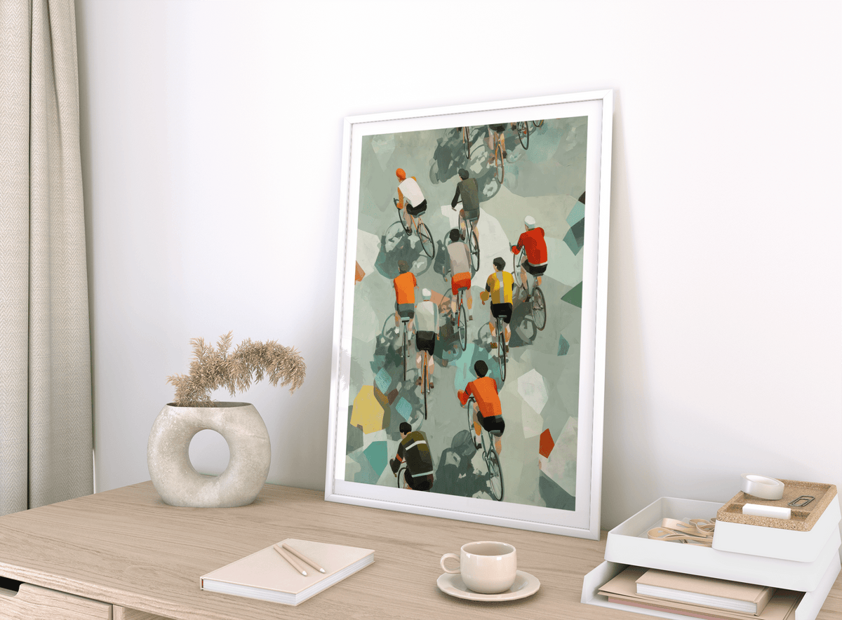 Graphic sports wall art poster featuring riders in motion and repeating wheels