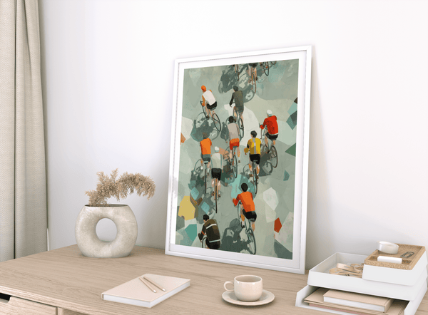 Graphic sports wall art poster featuring riders in motion and repeating wheels