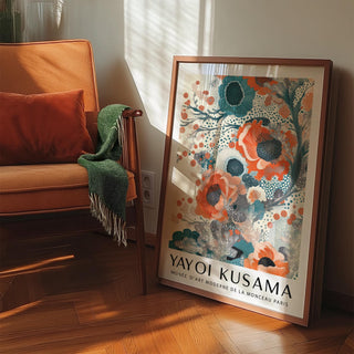 Artistic teal and orange wall art featuring vibrant poppy-like flowers