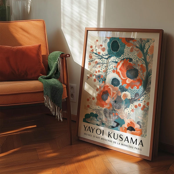 Artistic teal and orange wall art featuring vibrant poppy-like flowers