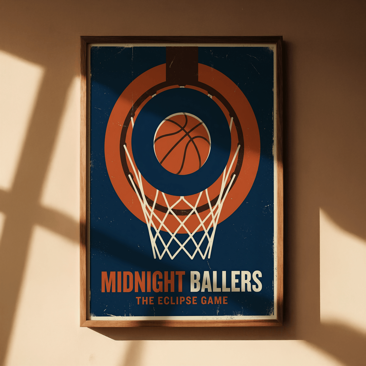 Bold sports wall art print of a basketball dropping through a hoop with large typography at the bottom