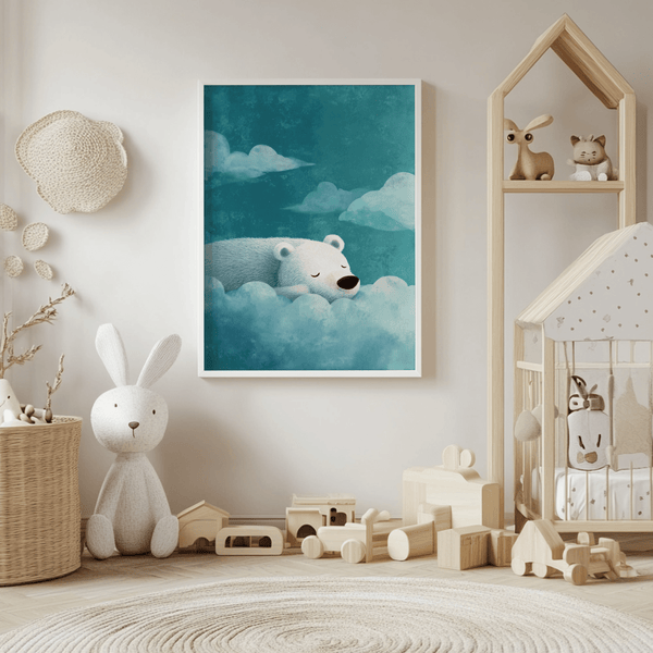 Polar Bear Wall Art in blue and white for a nursery wall art display