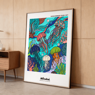 Decorative ocean-themed print with floating jellyfish and swirling wave bands