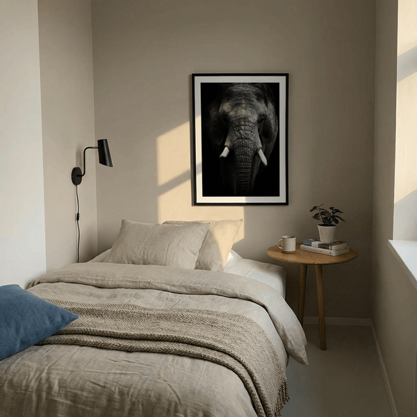 Black and White Elephant Art Print featuring a close-up elephant face and tusks