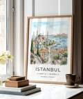 Travel-style Istanbul skyline wall art print with terracotta rooftops and curving street