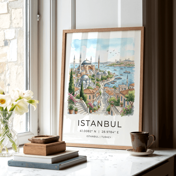 Travel-style Istanbul skyline wall art print with terracotta rooftops and curving street