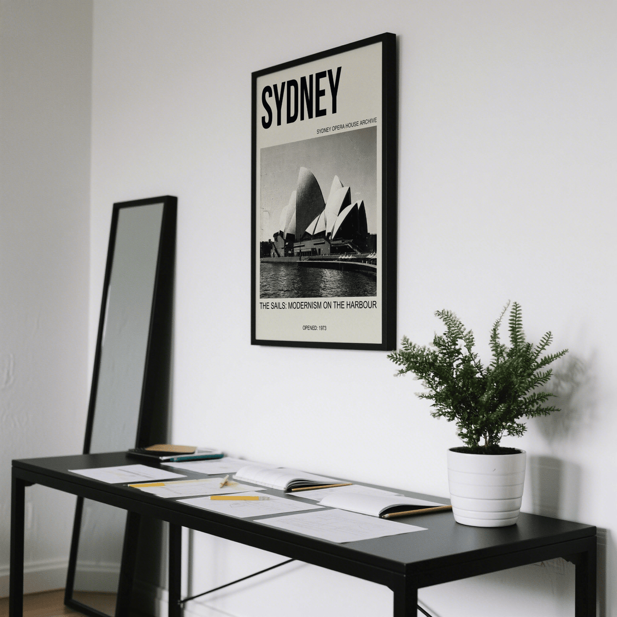 Close-up of archive style text on Sydney Opera House Art Print showing date detail