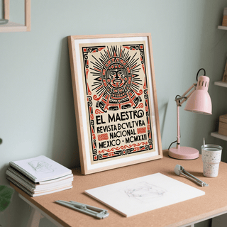 Detailed print poster showing circular emblem face, earrings, and patterned glyph-like shapes