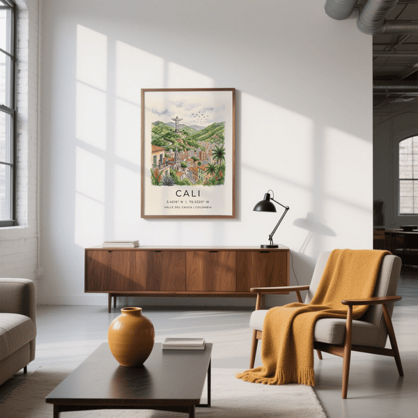 Detailed Cali Colombia Poster featuring coordinates text and illustrated skyline