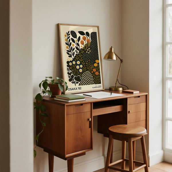 Wildflower daisy art with green leaves and golden accents.