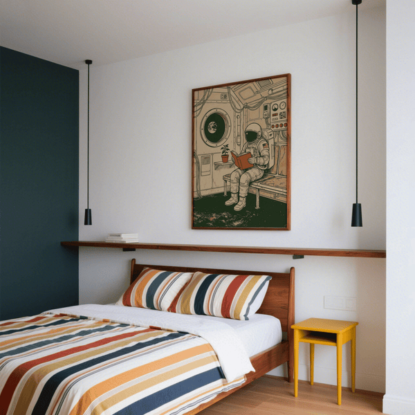 Reading Astronaut Poster for children's playroom, green, beige, orange, art print