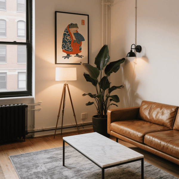 Frog in Kimono Print poster, gray and beige details for guest room display