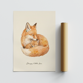 Whimsical woodland animal wall art print with rounded fox tail forming a circle
