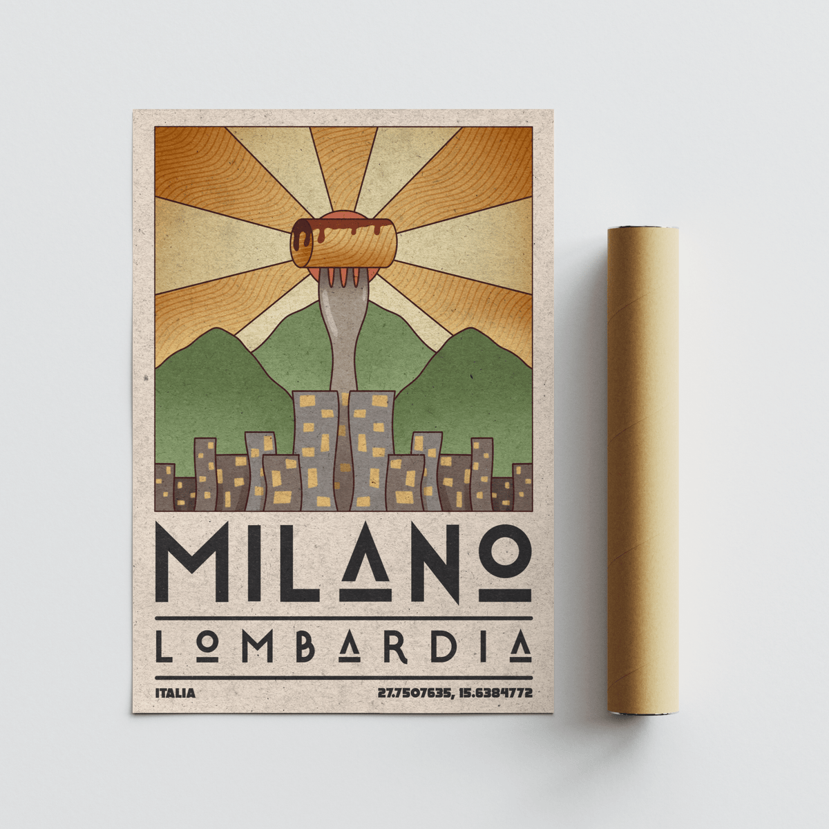 Retro Italian skyline print with sweeping sunburst composition