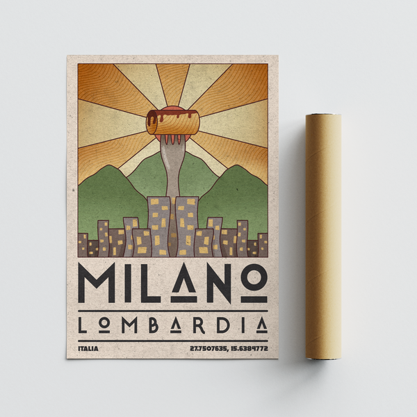 Retro Italian skyline print with sweeping sunburst composition
