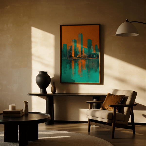 Modern Skyline Poster using teal reflections and orange tones for lounge wall art print