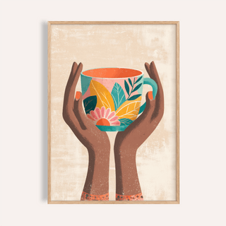 Colorful Mug Art Print with teal, orange, and pink for kitchen wall art