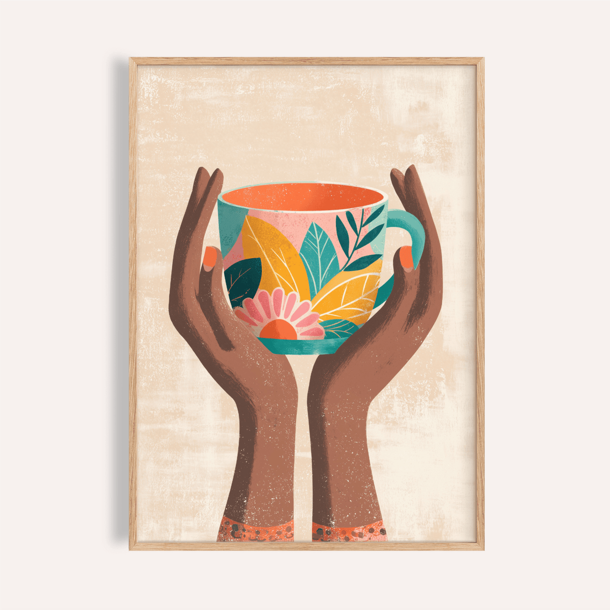 Colorful Mug Art Print with teal, orange, and pink for kitchen wall art