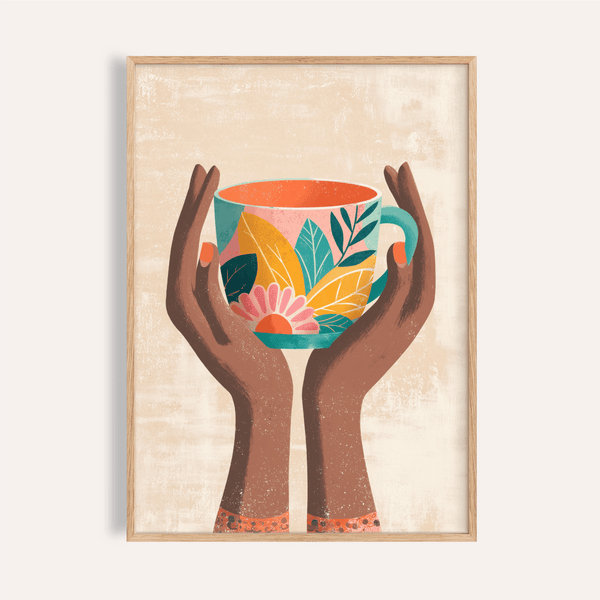 Colorful Mug Art Print with teal, orange, and pink for kitchen wall art