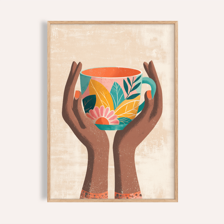 Colorful Mug Art Print with teal, orange, and pink for kitchen wall art