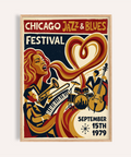 Featured Chicago Jazz Festival Print poster with singer, trumpet, and piano keys illustration