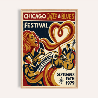 Featured Chicago Jazz Festival Print poster with singer, trumpet, and piano keys illustration