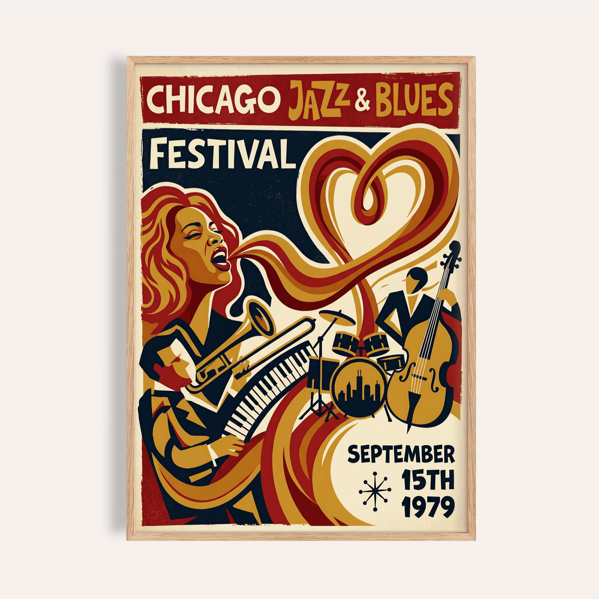 Featured Chicago Jazz Festival Print poster with singer, trumpet, and piano keys illustration