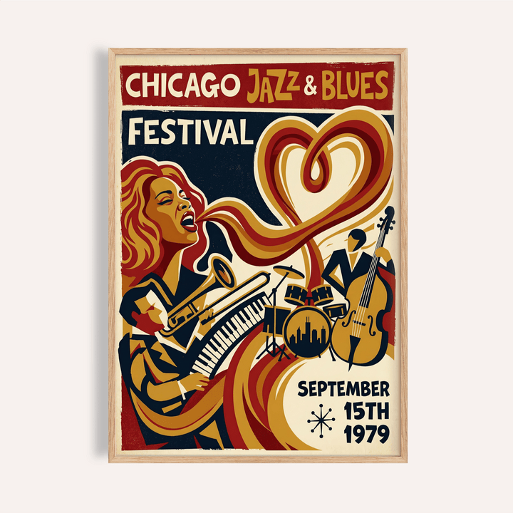Featured Chicago Jazz Festival Print poster with singer, trumpet, and piano keys illustration