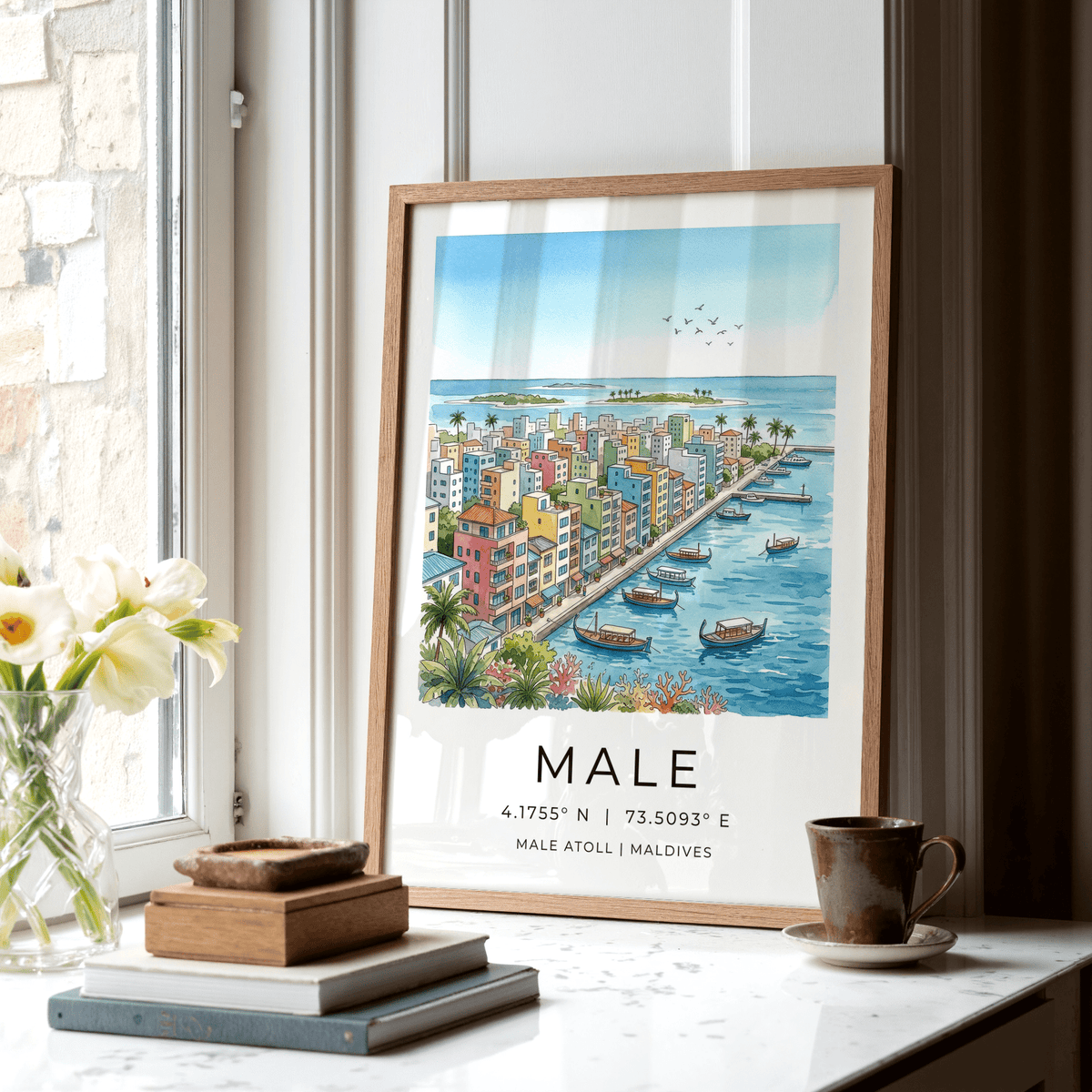 Coastal cityscape print of Malé with pier, small boats, and distant islands wall art