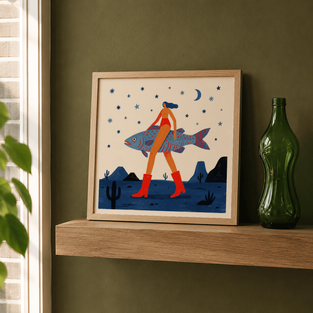 Flat style wall art print with desert plants, dark ground plane, and repeating star icons