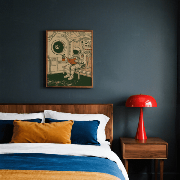 Reading Astronaut Poster in green, beige, orange, for bedroom wall decor